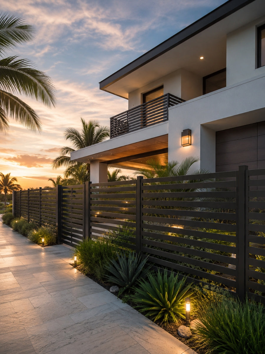 Decorative black aluminum horizontal slat privacy fence