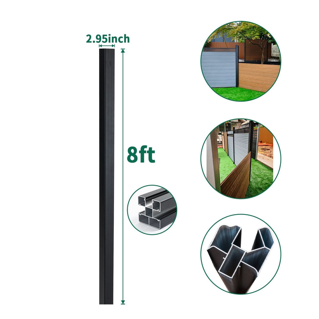 8ft black aluminum fence post with 2.95-inch width and internal channel profile