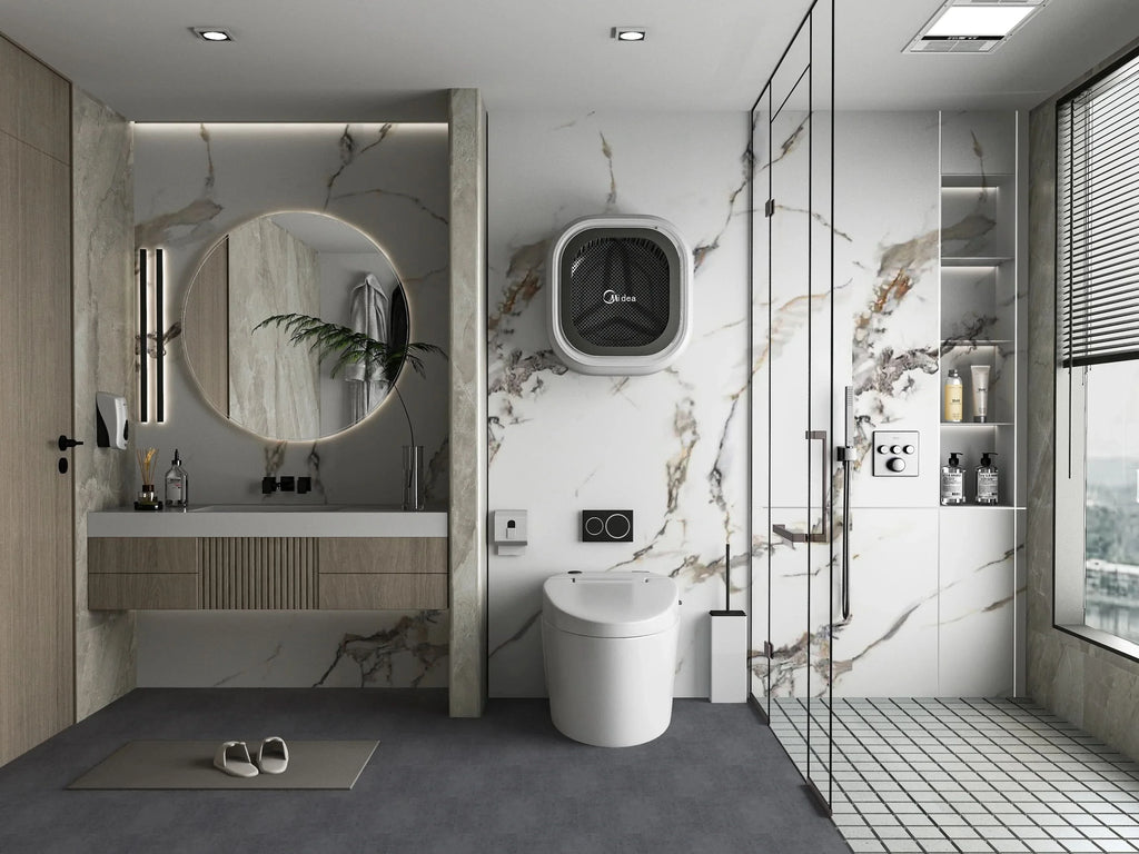 Modern bathroom with white marble wall panels and gold veining