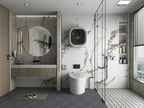 Modern bathroom with white marble wall panels and gold veining