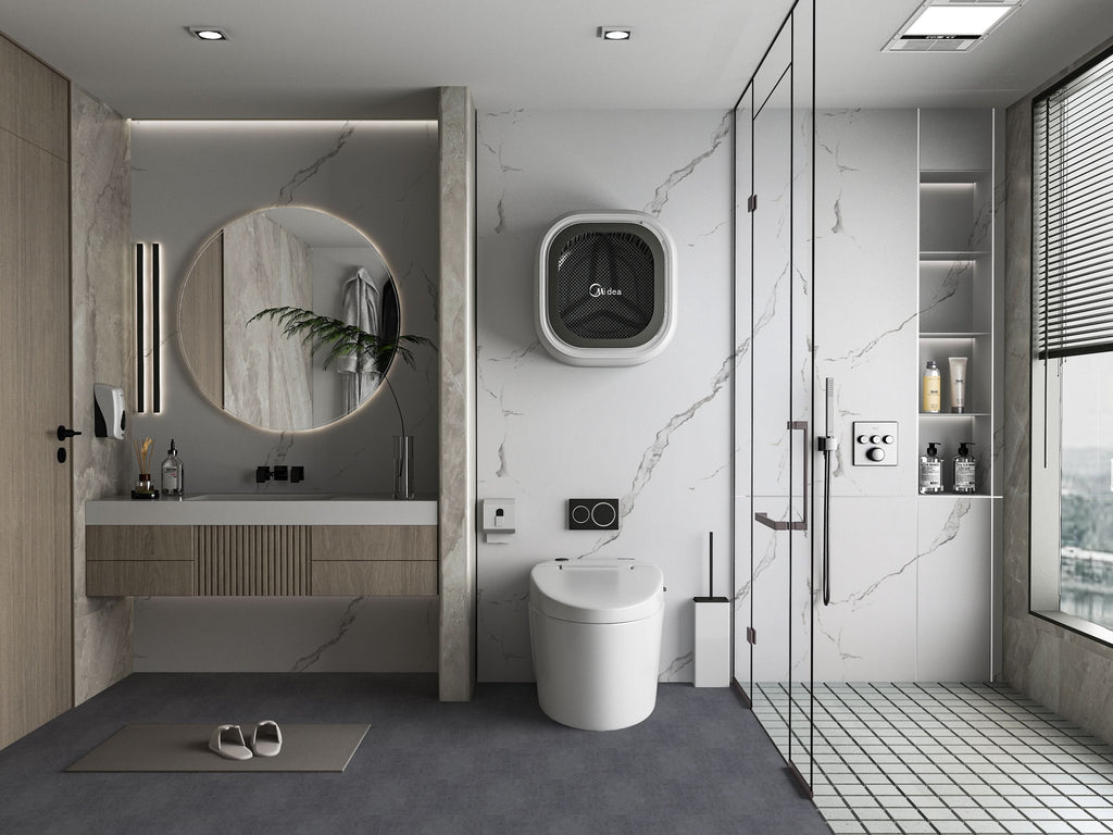 Bathroom with Calacatta Belga white marble PVC wall panels and soft gray veining