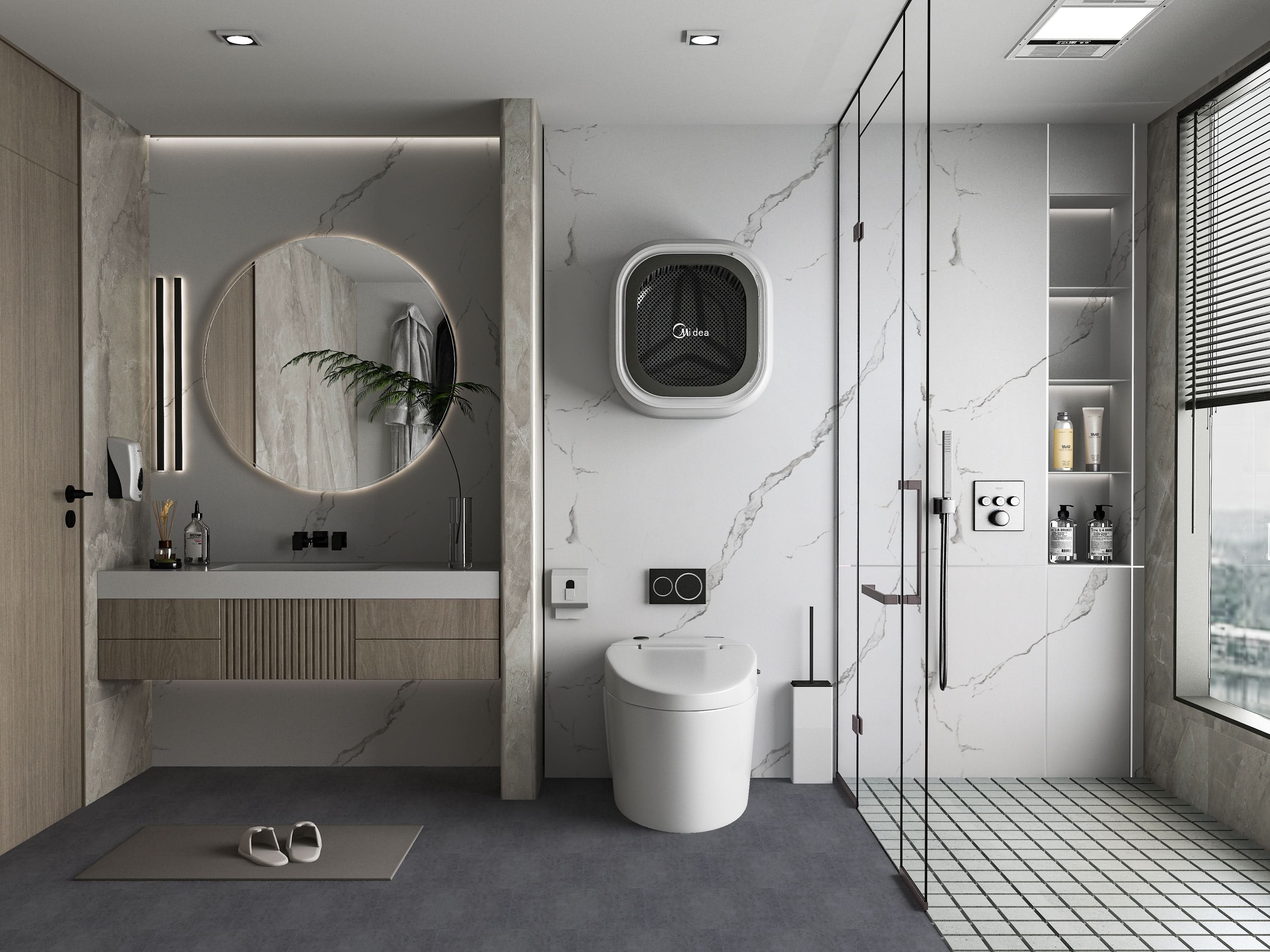 Bathroom with Calacatta Belga white marble PVC wall panels and soft gray veining