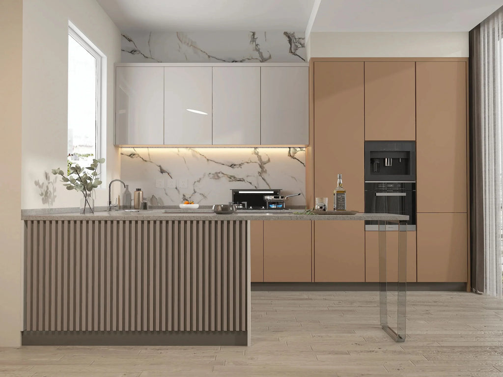 Modern kitchen with white marble backsplash and gold veining