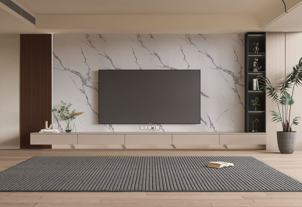 Living room TV wall with white marble PVC wall panels and soft gray veining