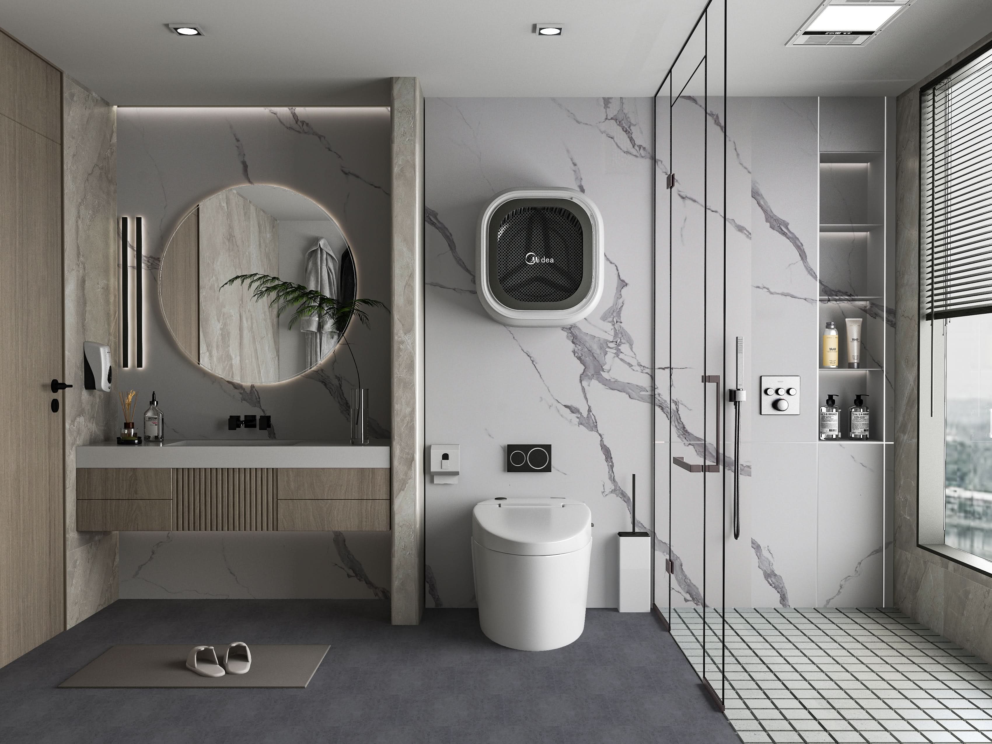 Bathroom with white marble PVC wall panels and soft gray veining