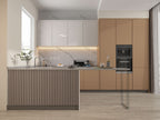 Modern kitchen with Calacatta Belga white marble PVC wall panels and soft gray veining backsplash