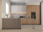 Modern kitchen with white marble PVC wall panels and soft gray veining backsplash