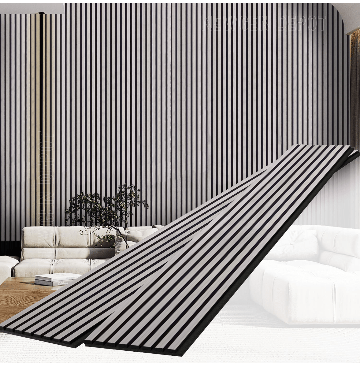 Modern interior wall with black fluted wall panels and vertical slat design