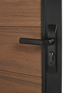 Walnut WPC composite fence gate installed in backyard privacy fence
