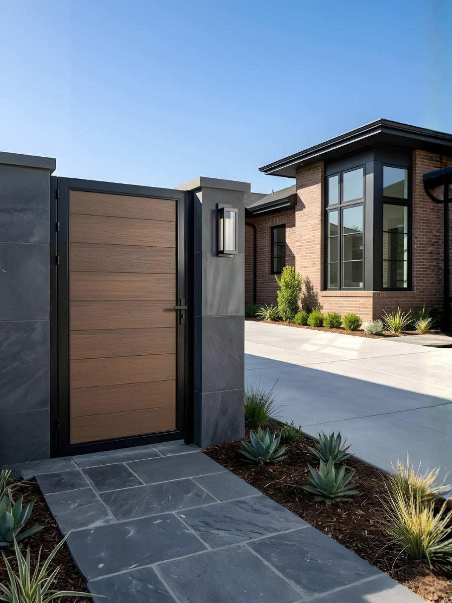 Modern walnut color single fence gate made from WPC composite material