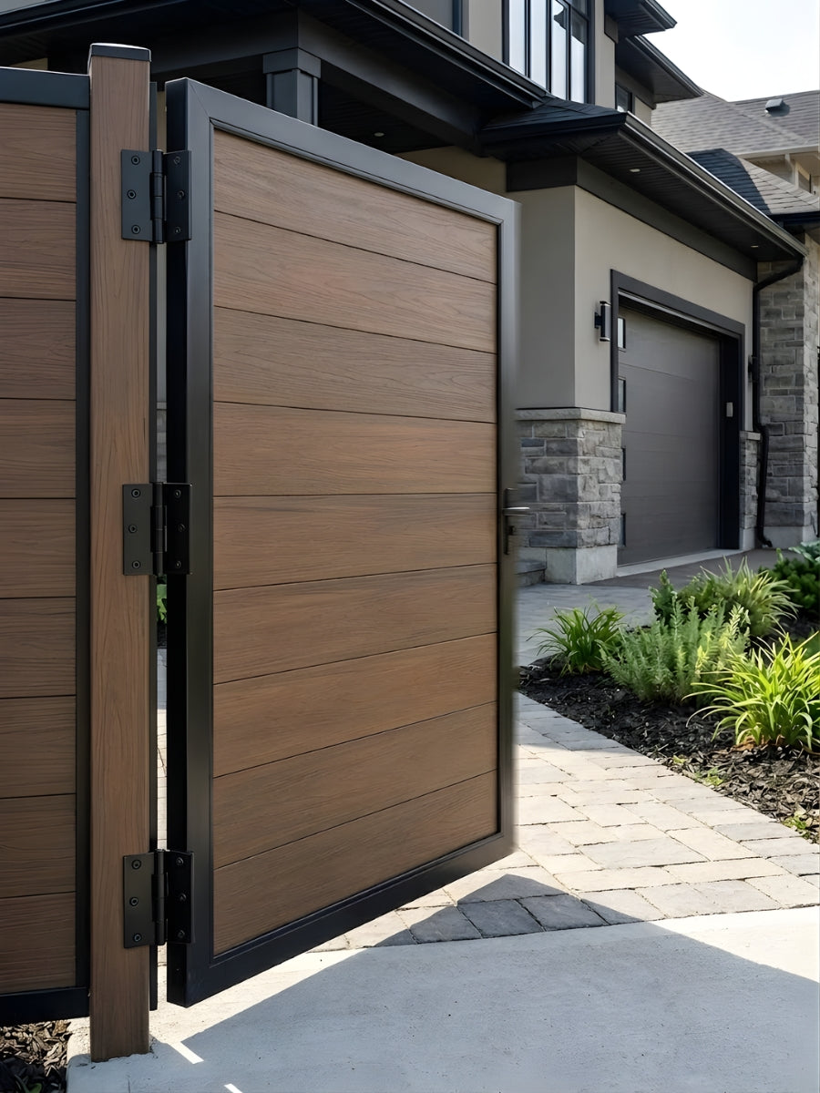 Outdoor WPC fence gate single walnut color 4x6 ft durable composite gate