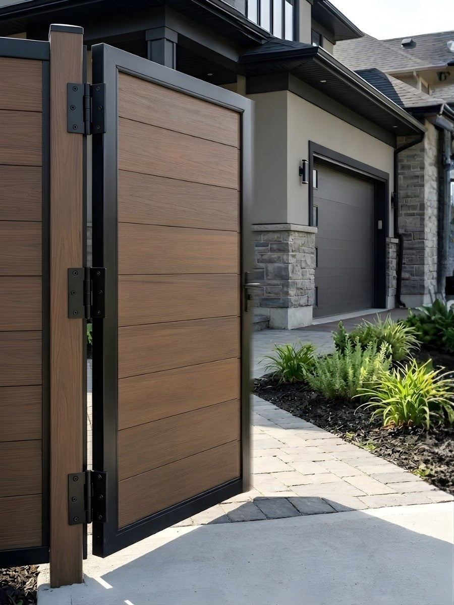 Durable composite fence gate in walnut shade for exterior fencing