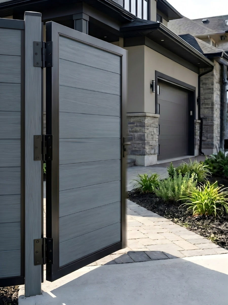 Contemporary light gray fence gate made from WPC composite material