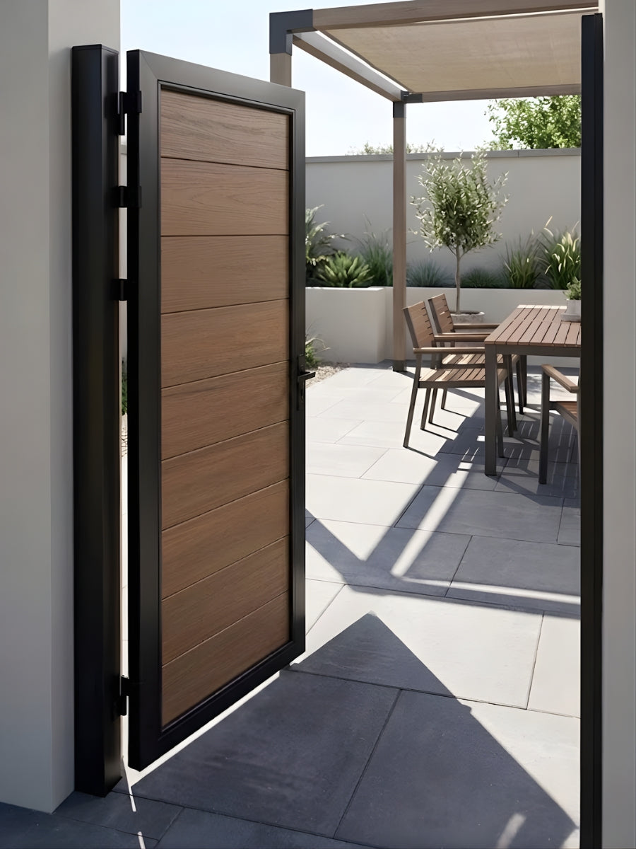 Walnut composite fence gate surface detail weatherproof outdoor material